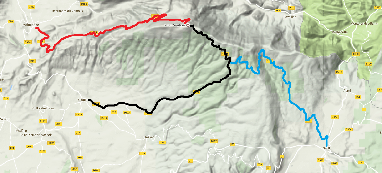 Mapa silnic na Mont Ventoux